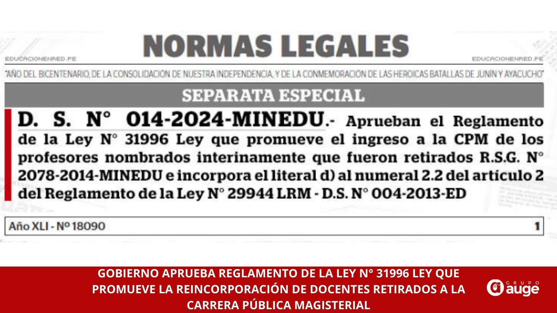 GOBIERNO APRUEBA REGLAMENTO DE LA LEY N° 31996 LEY QUE PROMUEVE LA REINCORPORACIÓN DE DOCENTES RETIRADOS A LA CARRERA PÚBLICA MAGISTERIAL